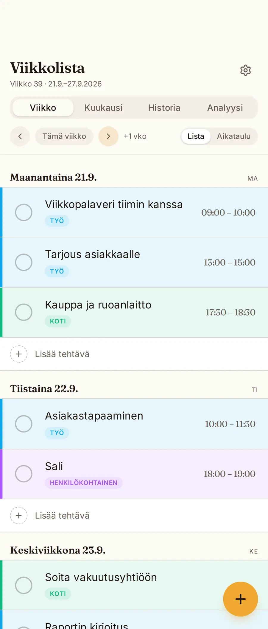 Viikkolistan viikkonäkymä